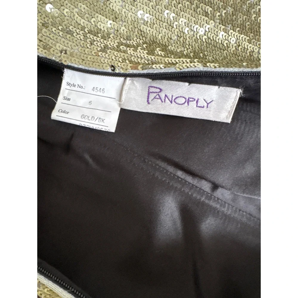 Vintage y2k PANOPLY Gold Sequin Strapless Black Ruffle High Low Gown Size 6 NWT - Picture 8 of 12